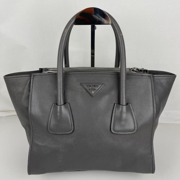 Prada Handbags - Prada City Glace Gray Leather Tote - Authenticity Certified
